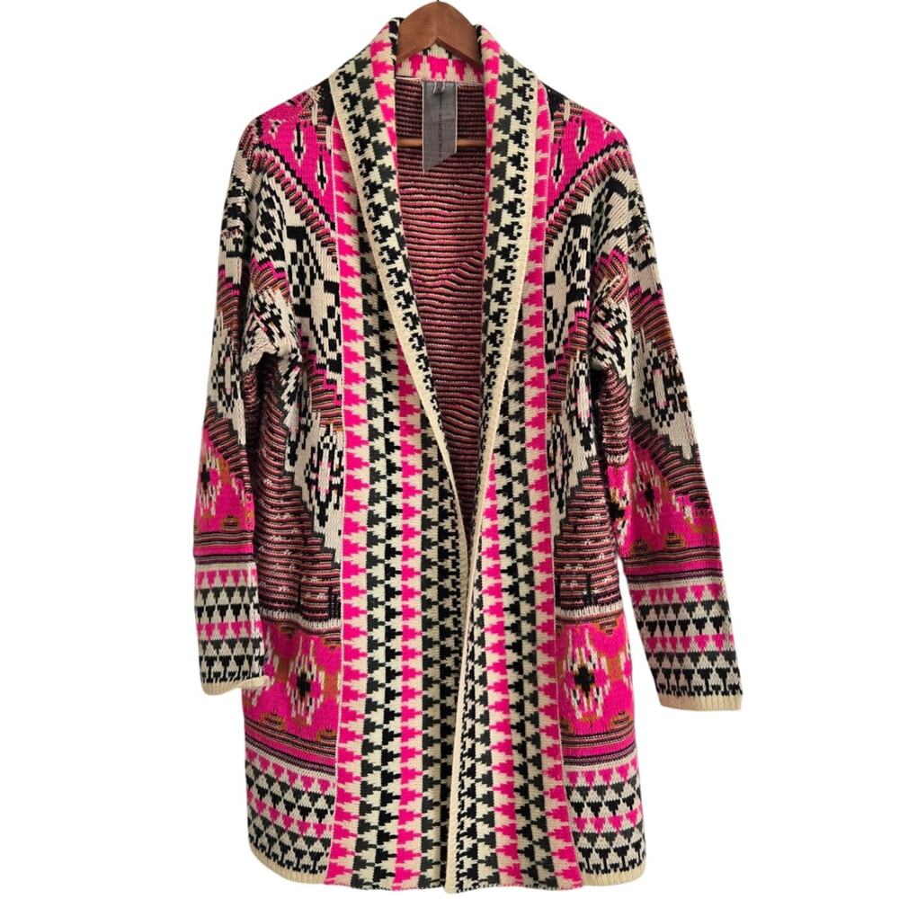 Anthropologie Dopamine Boho Southwestern Neon Pink Geometric Long Cardigan Large